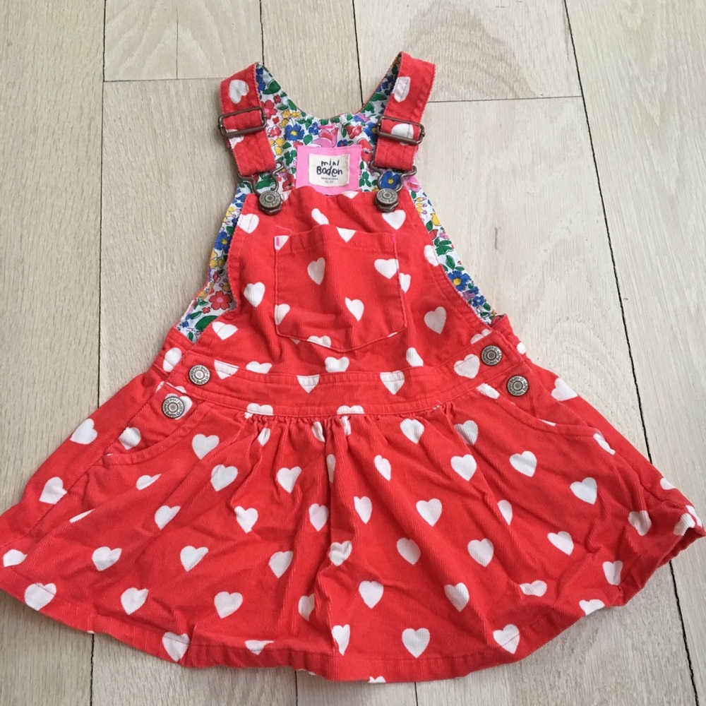 Mini Boden RedWhite Heart Overall Dress corduroy
